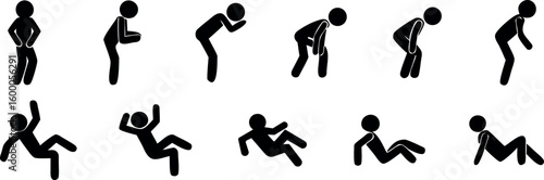 Stick figure man shows a sequence of fainting, falling, and lying down poses