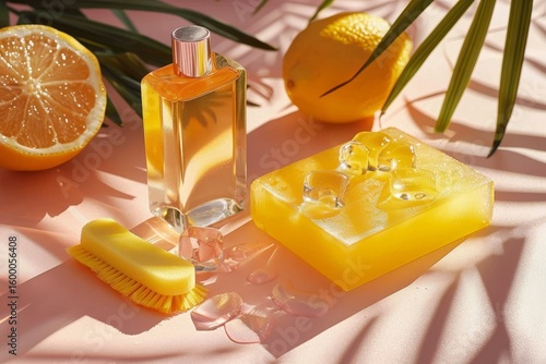 Minimalist flat lay of cleaning supplies  yellow sponge, brush, and soap on soft peach background