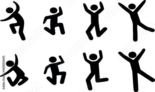 Stick figures jumping and celebrating, expressing joy and freedom in black silhouette