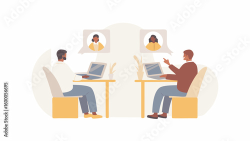 Two people video conferencing with laptops and speech bubbles showing other participants online meeting call