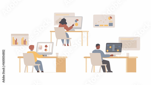 Three people working at desks with computers displaying charts and graphs in a light office setting