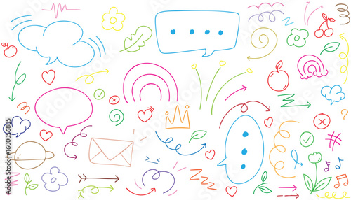 hand drawn landscape colorful doodle vector set, love, Natural , star, cloud, weather, rainbow, flower, bubble, heart and creative design vector collection.