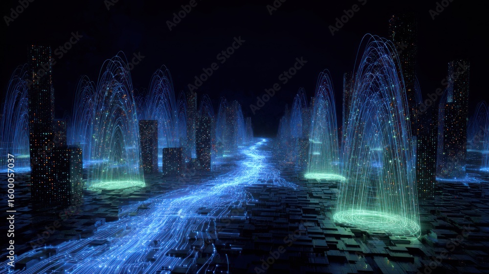 Obraz premium Futuristic city fountains at night