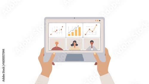 Person holding a laptop showing a video conference with charts and three participants online call meeting