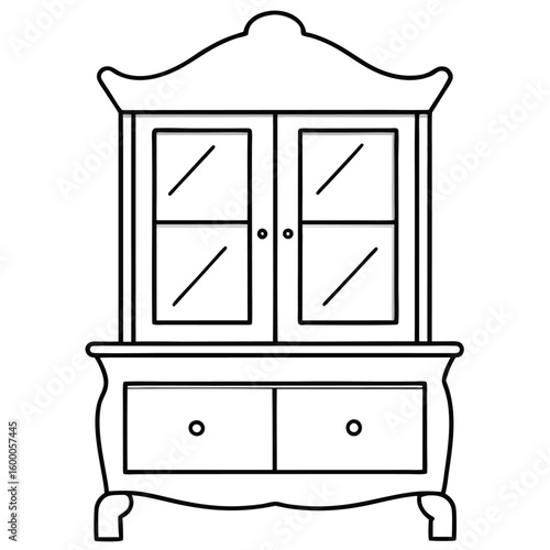 Vintage cabinet with glass doors and drawer isolated on transparent background
