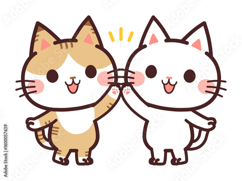 ハイタッチする猫のかわいいキャラクター　2匹　イラスト素材