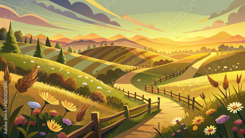 Golden sunlight brushes over rolling hills, dotted with blooming wildflowers, rustic fences, and winding trails. A dreamy semi-realistic landscape that whispers peace and rural charm beneath a soft sk
