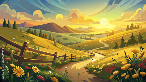 Golden sunlight brushes over rolling hills, dotted with blooming wildflowers, rustic fences, and winding trails. A dreamy semi-realistic landscape that whispers peace and rural charm beneath a soft sk