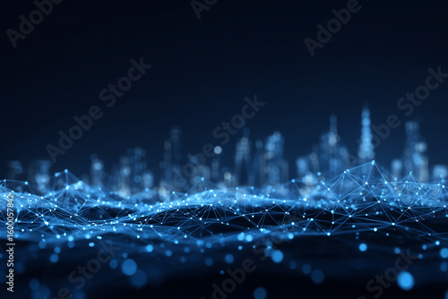 Abstract blue business communication, connected dots, network lines, glowing blue tech grid, tech city