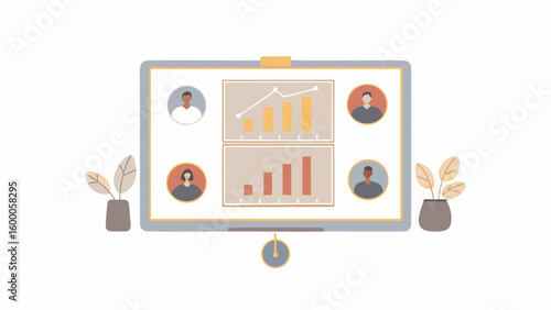 Illustration of a video conference screen showing charts and four participants in round frames