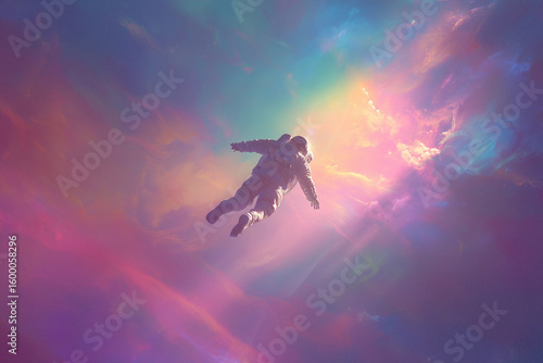 Lone astronaut floats in vivid multicolor nebula, surreal reflections, glowing stars, dreamlike