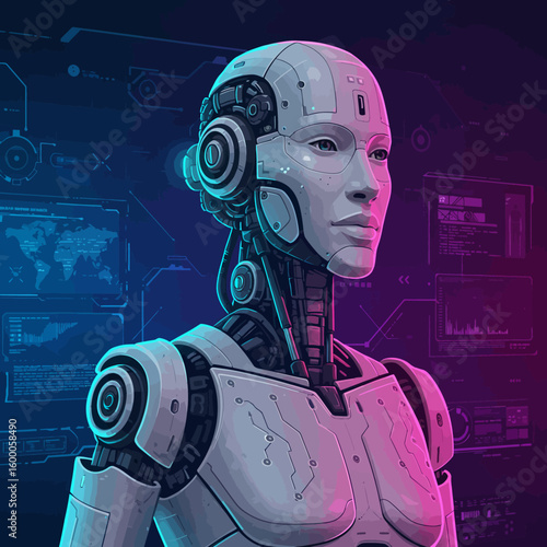 Close-up portrait of a futuristic female android with advanced cybernetic enhancements against a backdrop of glowing digital displays.