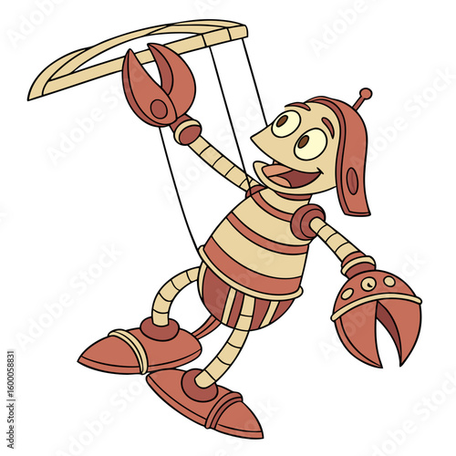 Cartoon robot puppet with red claws and beige body