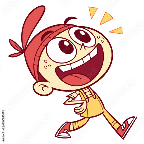 Excited cartoon child running with open mouth and big eyes