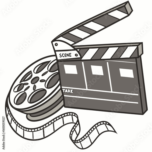 Film clapperboard and reel with film strip film reel