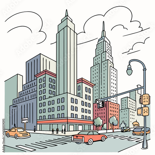 Hand drawn New York City street scene with buildings and cars