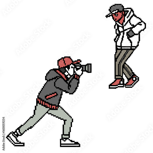 Pixel art photographer taking picture of person in hoodie