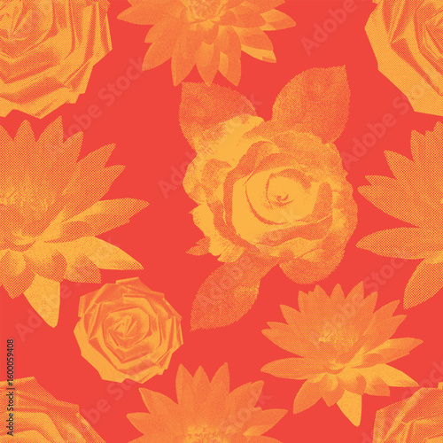 Seamless pattern roses and lilies with a retro photocopy effect. Flowers with leaves. Roses vintage. Grey color stippling technique. Texture of dots. Grunge vector rose. Seamless pattern roses, lilies