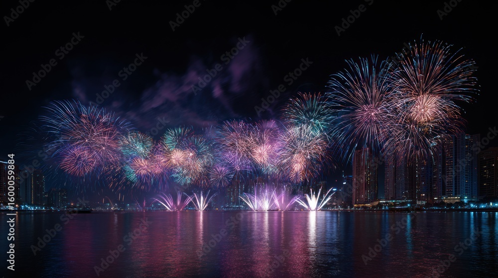 Obraz premium Colorful fireworks display over water