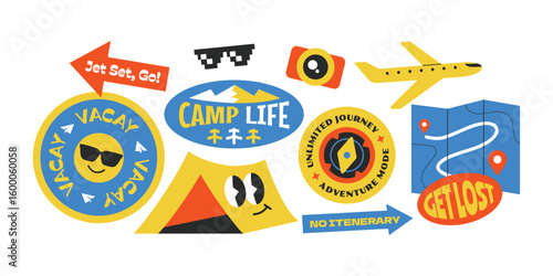 Travel elements stickers collection. Set of trendy camp life vintage travelling sign.