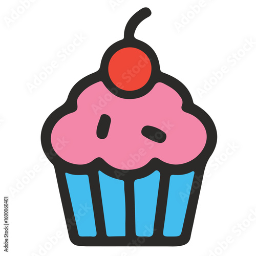Colorful Cherry Cupcake Icon – Flat Cartoon Style Vector Graphic