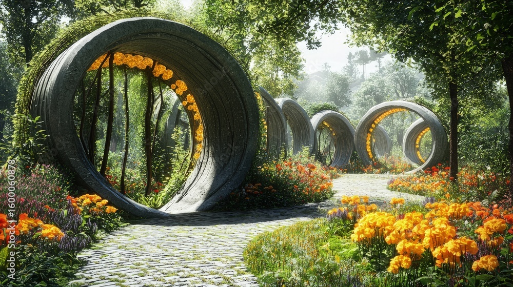 custom made wallpaper toronto digitalA winding path through a stylized garden featuring circular structures.