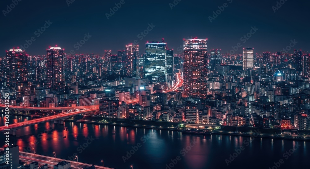 Fototapeta premium A sprawling city skyline at night illuminated by countless lights reflecting on