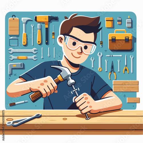 illustration of a worker hammering nails