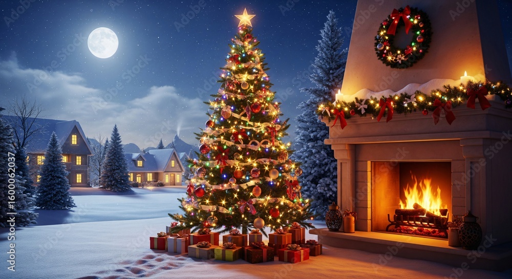 Fototapeta premium Cozy winter night scene with a decorated christmas tree and a roaring fireplace