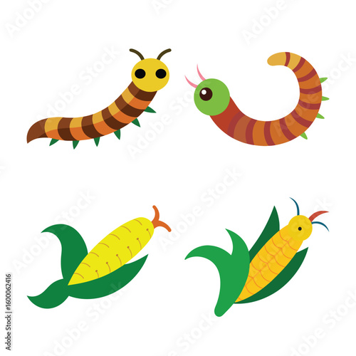 Cartoon vector illustration of corn and worms in a playful style, perfect for educational materials, pest control concepts, farm graphics, food safety visuals, and children’s content.