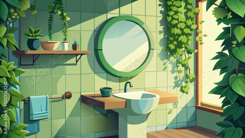 Contemporary bathroom sink with green ivy plant draping from a wall-mounted shelf, and a round mirror reflecting natural light from a nearby skylight