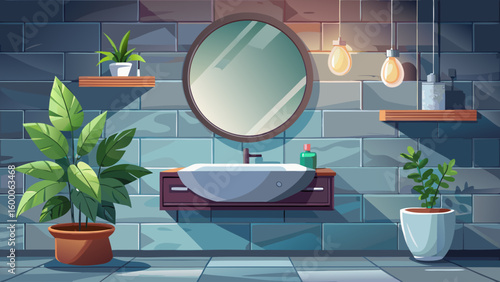 Floating bathroom vanity with clean white sink, large circular mirror, and small hanging plant on the side, with gray stone backsplash and ambient lighting