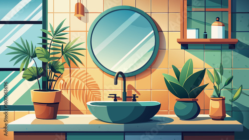 Modern bathroom sink setup with a leafy potted plant beside the faucet and a round rattan-framed mirror above, reflecting soft morning light from the nearby window