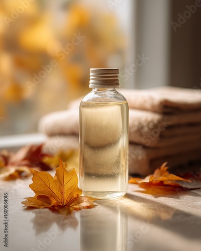 Aromatic oil bottle with autumn leaves and towels