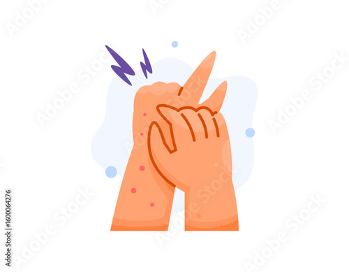 Illustration of a hand with skin conditions such as red spots, inflammation, or dermatitis, scratching due to itching. Health problems and skin diseases. Irritation and allergies. Hand gestures. Flat 
