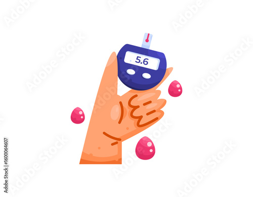 Diabetes awareness concept. Illustration of a hand holding a glucometer. Blood sugar tester, measuring blood glucose levels. Hand gestures and health. World Diabetes Day. Flat design style