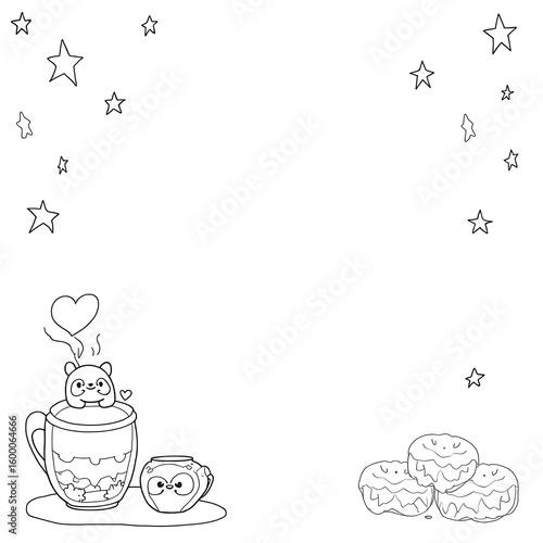 Cute Cartoon Friends: A charming cartoon illustration, featuring a cozy scene with a warm drink, sweet treats, and endearing friends. 