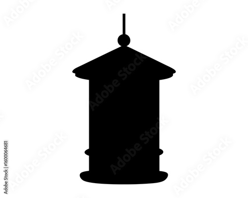 Silhouette image of a hanging bird feeder against a white background.