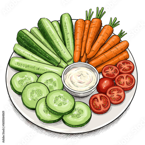Fresh vegetable platter with cucumbers, carrots, tomatoes, and dip  