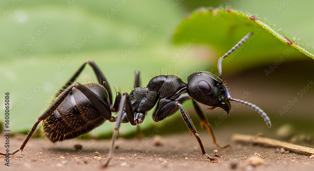 Close-up of a Black Ant on the Ground with Green Leaf Background Close-up of a Black Ant on the Ground with Green Leaf Background