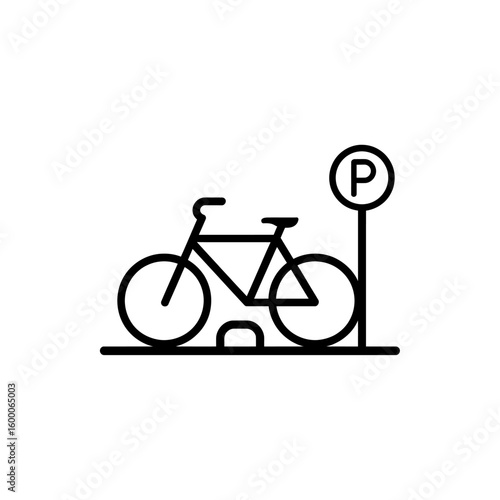 Simple black line art icon of a bicycle parked at a designated parking spot with a p sign