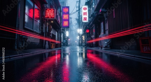 A rainy tokyo street at night is illuminated by vibrant red and blue neon signs