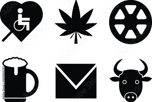 Black and white icons for accessibility cannabis wheel beer envelope bull set of silhouettes