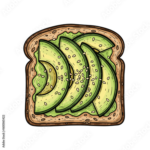 Avocado toast topped with sliced avocado and sesame seeds  
