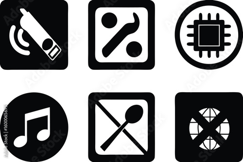Black and white icons for technology and communication set of music