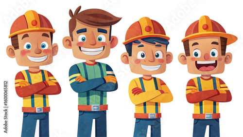 Cartoon firefighter vector set featuring firemen in uniform, helmet, and gear. Emergency response characters in action poses. Isolated design for safety themes, posters, and infographics