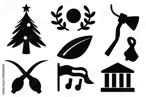 Black and white icons of festive tree laurel wreath axe leaf crossed arrows flag with music notes and building