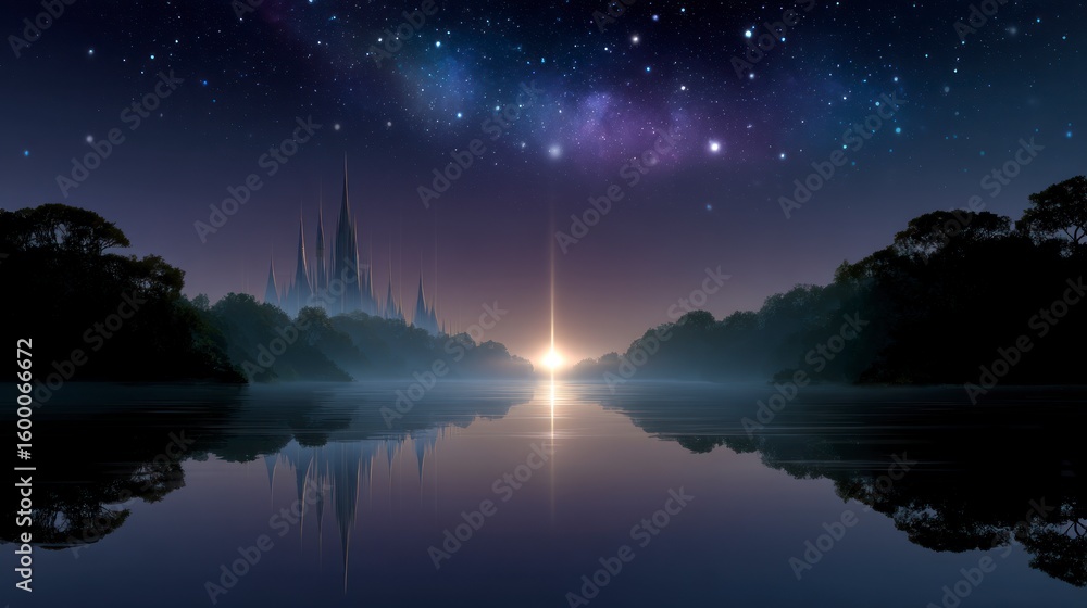 Naklejka premium Spiky structures on misty islands beside still water reflecting starry night sky