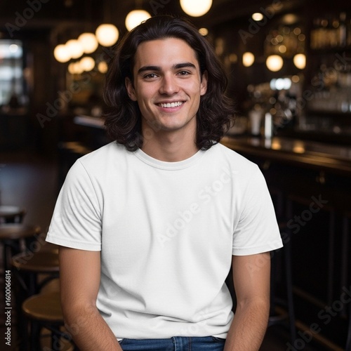 a 20 year old handsome smiling young man wearing a blank white t-shirt and jeans at a bar. standing, fashion, modern, lifestyle, urban, millennial, person, human, trendy, portrait, relaxed, cool
