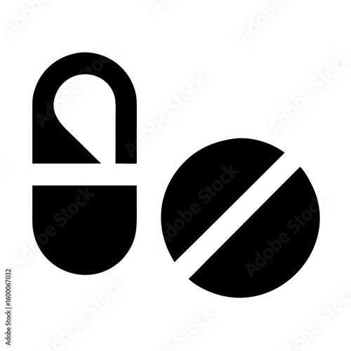 A black silhouette of a capsule and a round pill with a line through it